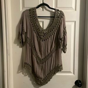 Cool toned gray brown off the shoulder shirt